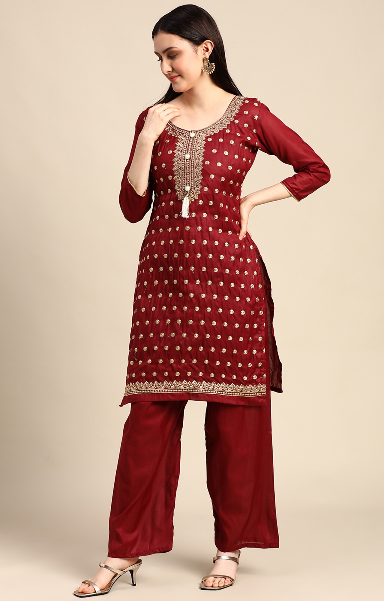 Shaily Women Maroon Color Cotton Embroidered With Tessels Unstitched Dress Material-VF_JALGALU_MRON_DM
