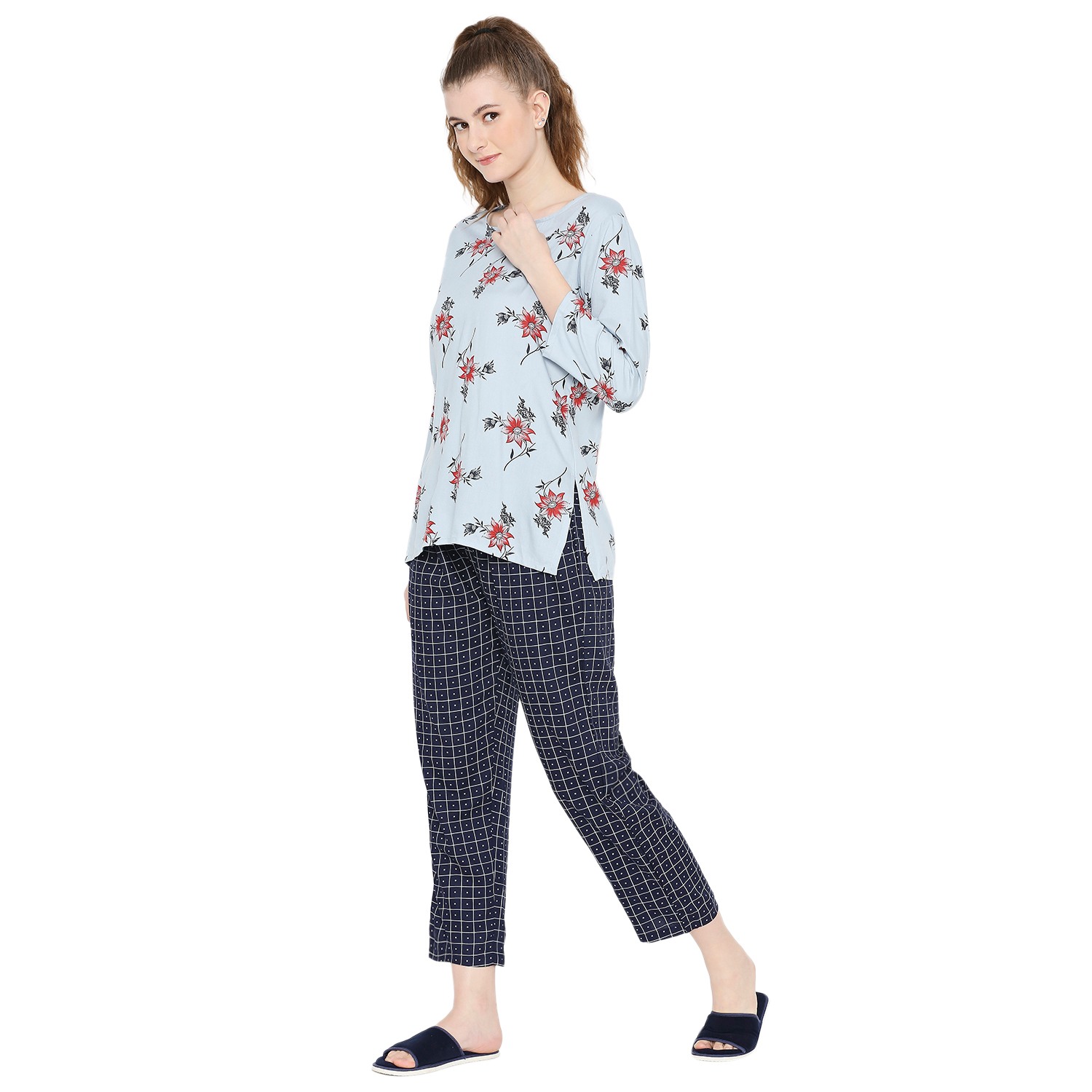 Smarty Pants women's cotton checks & floral print night suit. 