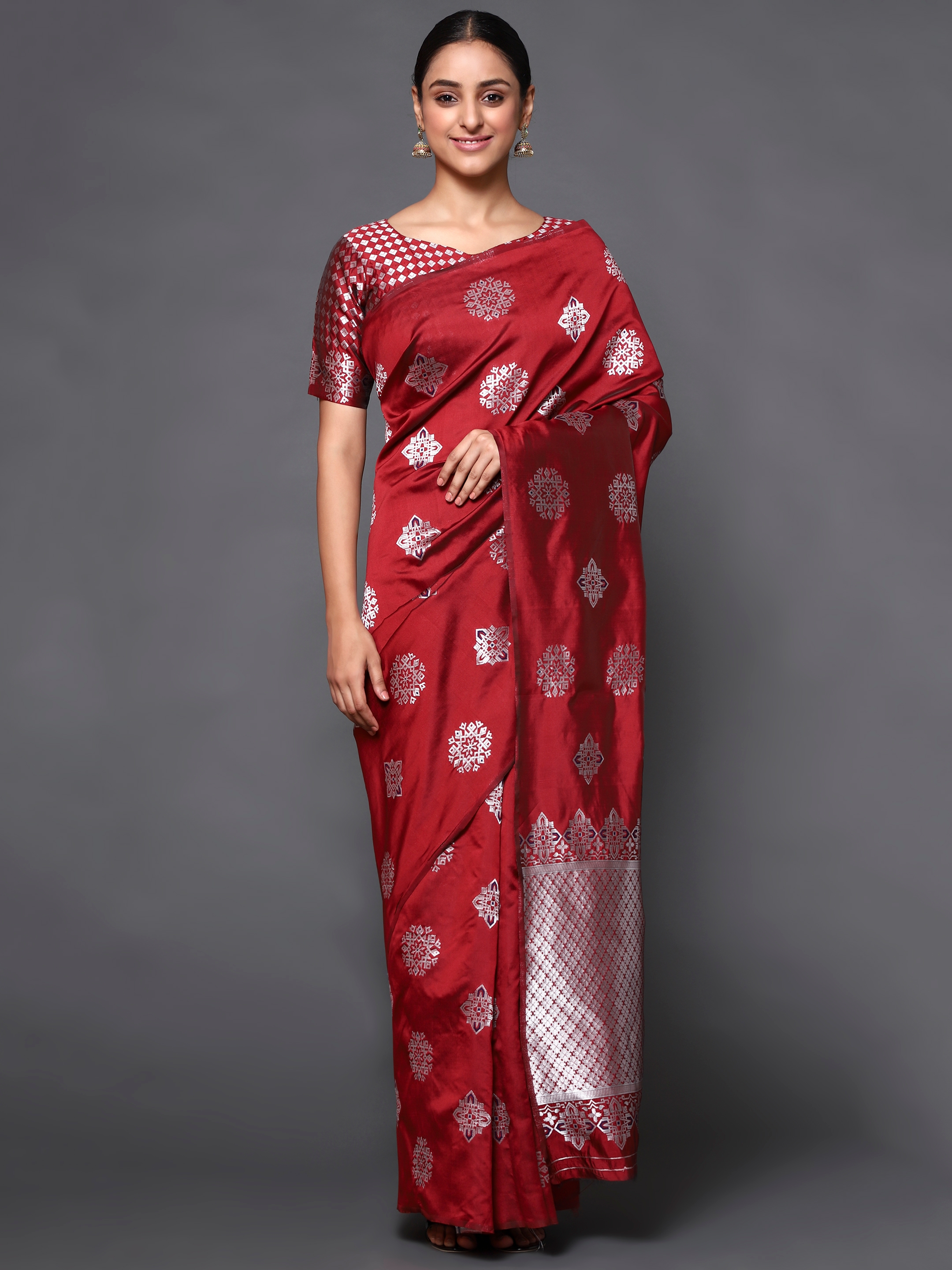 Glemora Red Fancy Ethnic Wear Silk Blend Banarasi Traditional Saree