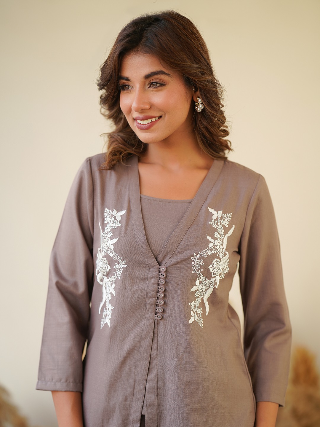 GREY COTTON BLEND EMBRODIERED CO-ORD SET