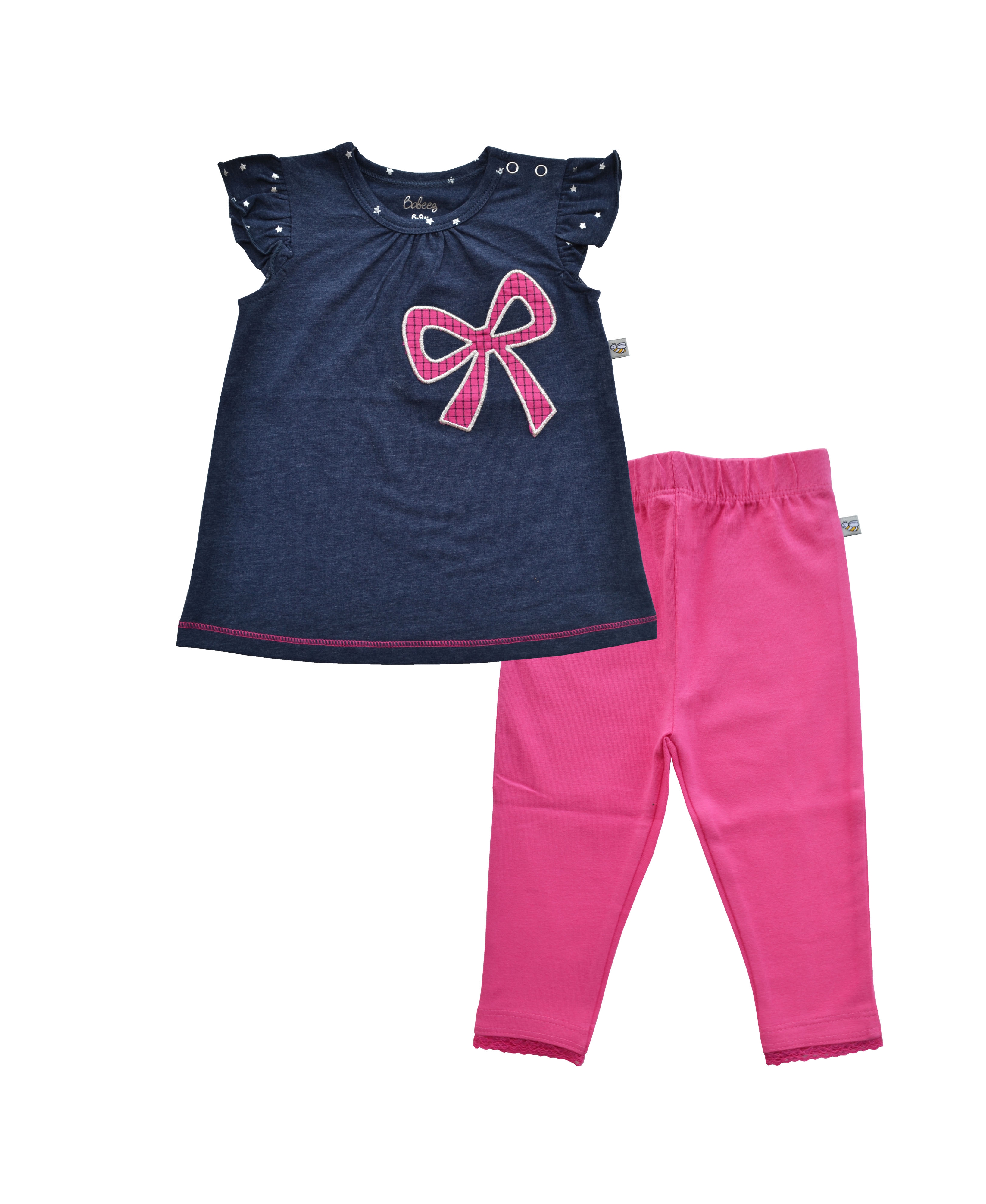 Babeez | Denim Blue Top With Pink Bow Applique and Fushia Solid Legging (95% Cotton 5% Elasthan) undefined