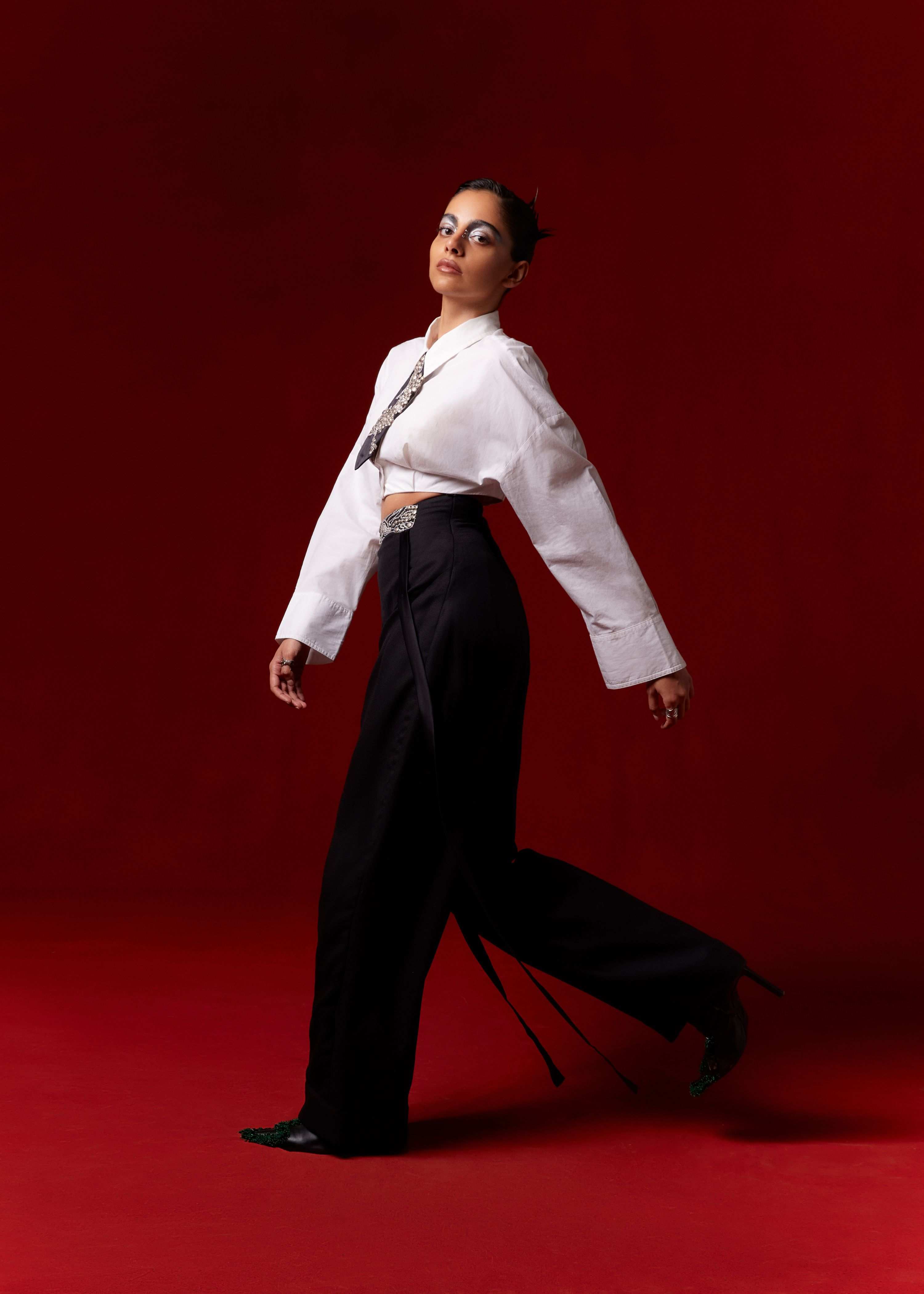 Crop White Shirt with Flare Pants & Tie