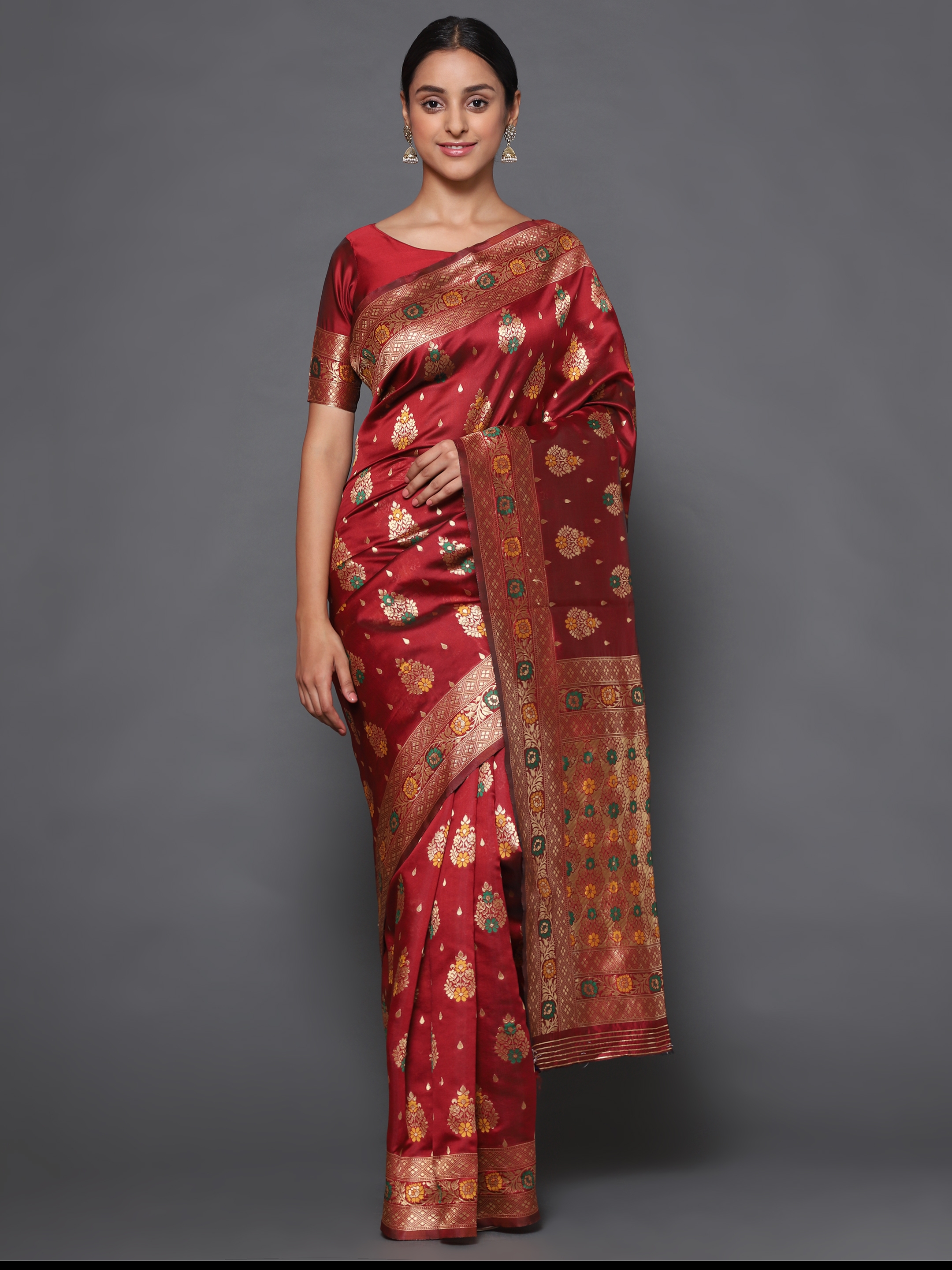 Glemora Red Designer Ethnic Wear Silk Blend Banarasi Traditional Saree