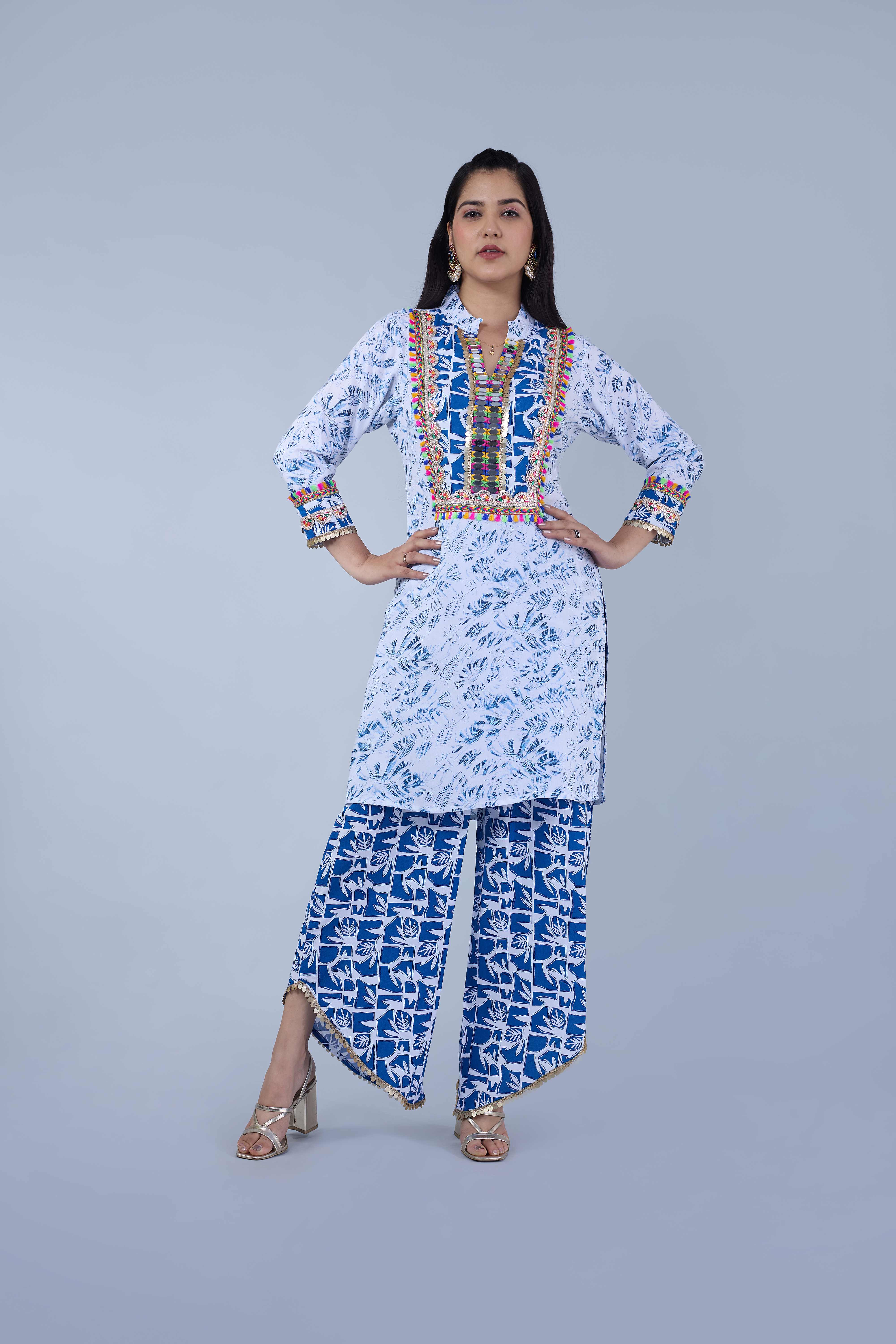 Blue Printed Kurta with Tulip Pants