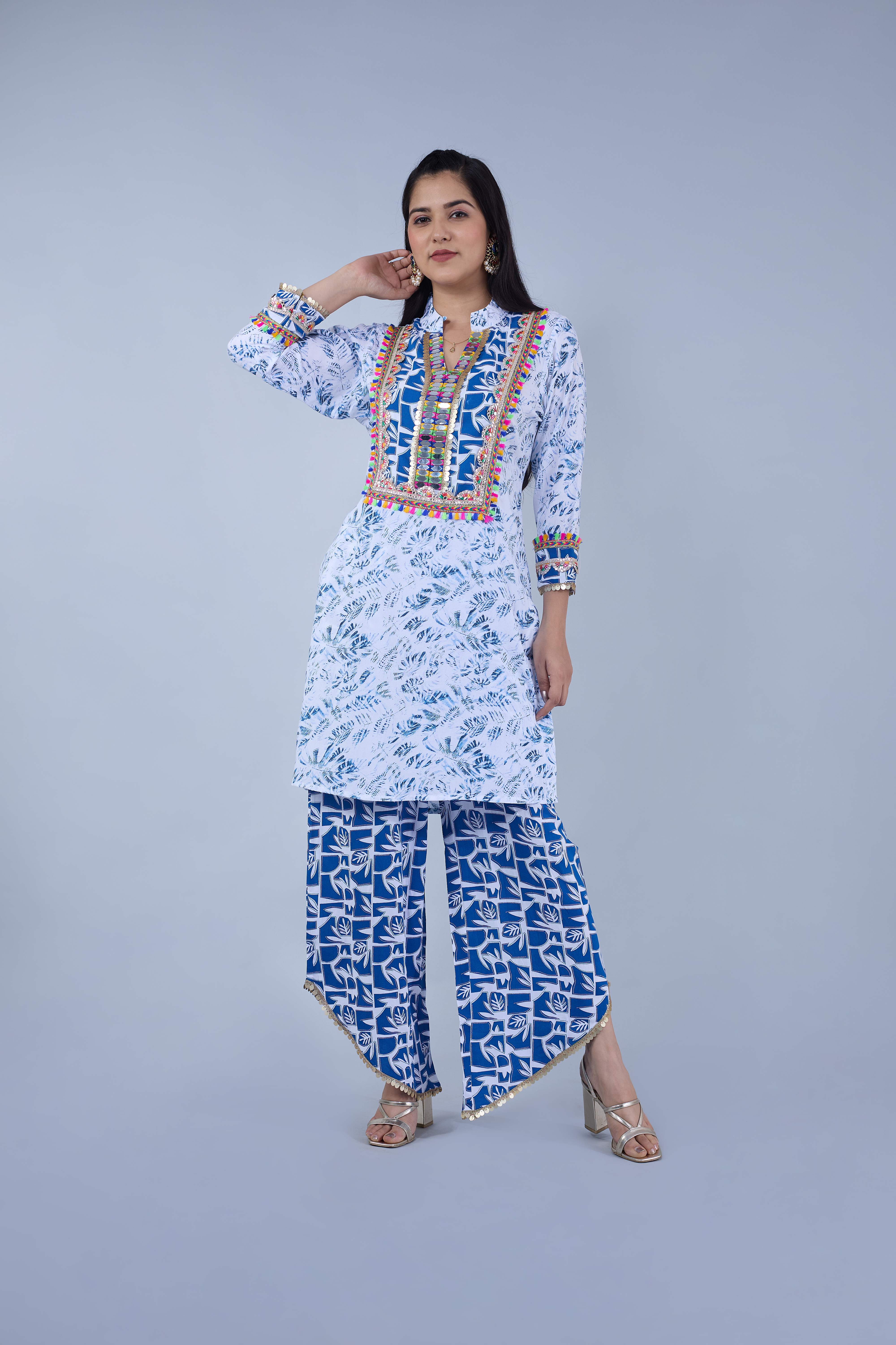 Blue Printed Kurta with Tulip Pants