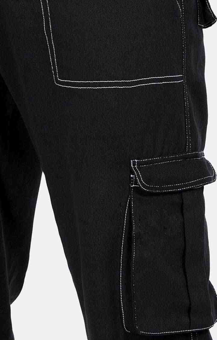 Men's Black Cotton Solid Cargos