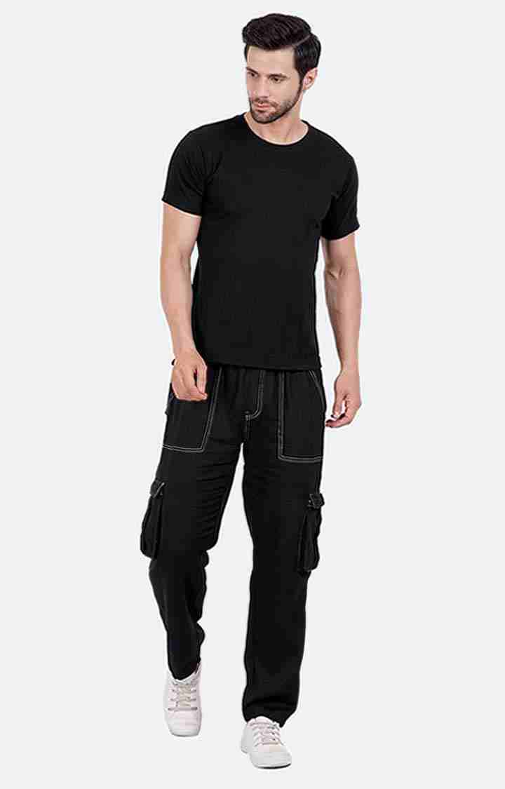 Men's Black Cotton Solid Cargos