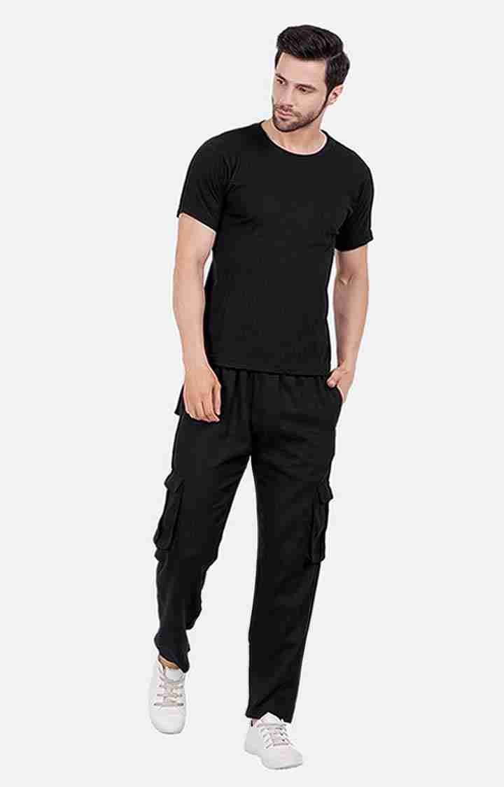 Men's Black Cotton Solid Cargos