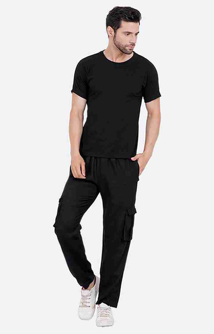 Men's Black Cotton Solid Cargos