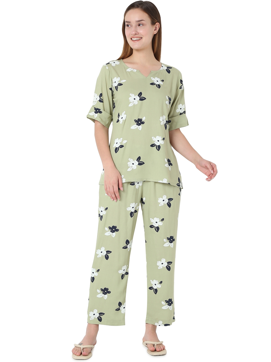 Smarty Pants | Smarty Pants women's cotton olive floral print night suit.  0