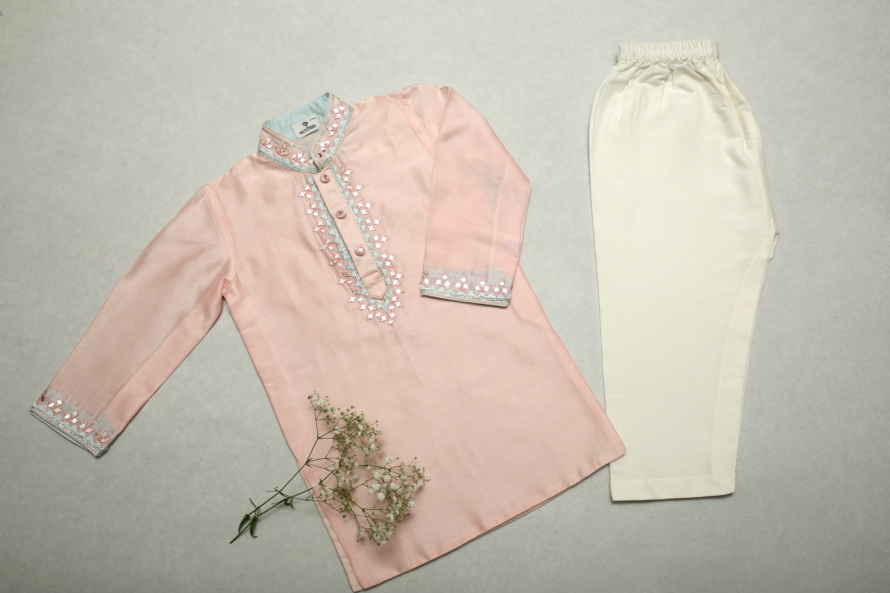 Pink Kurta Mirror & Thread Work with Ivory Pyjama