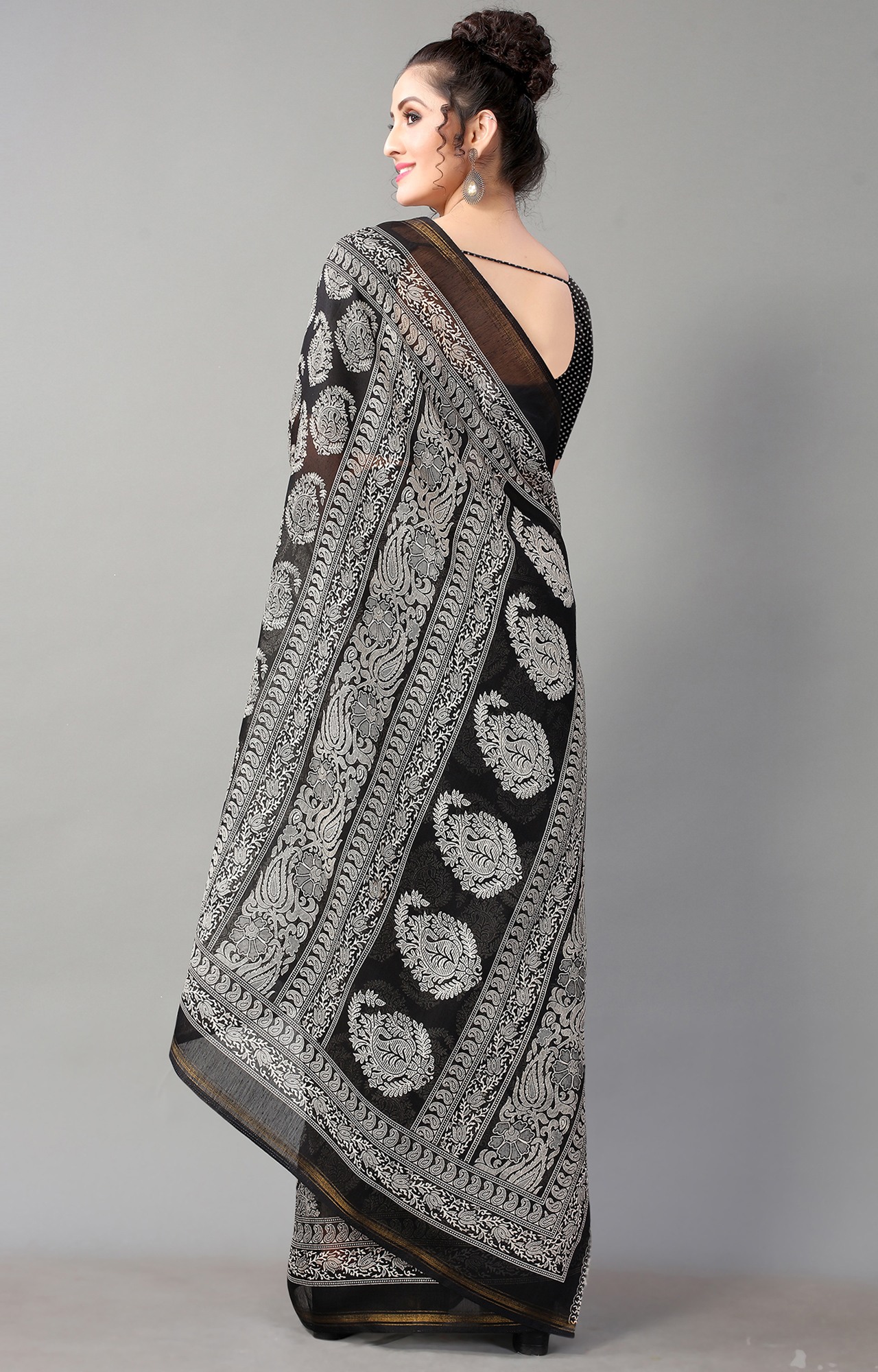 Women Black Batick Block Print Casual Wear Saree-HAL21CTN00036BLCK