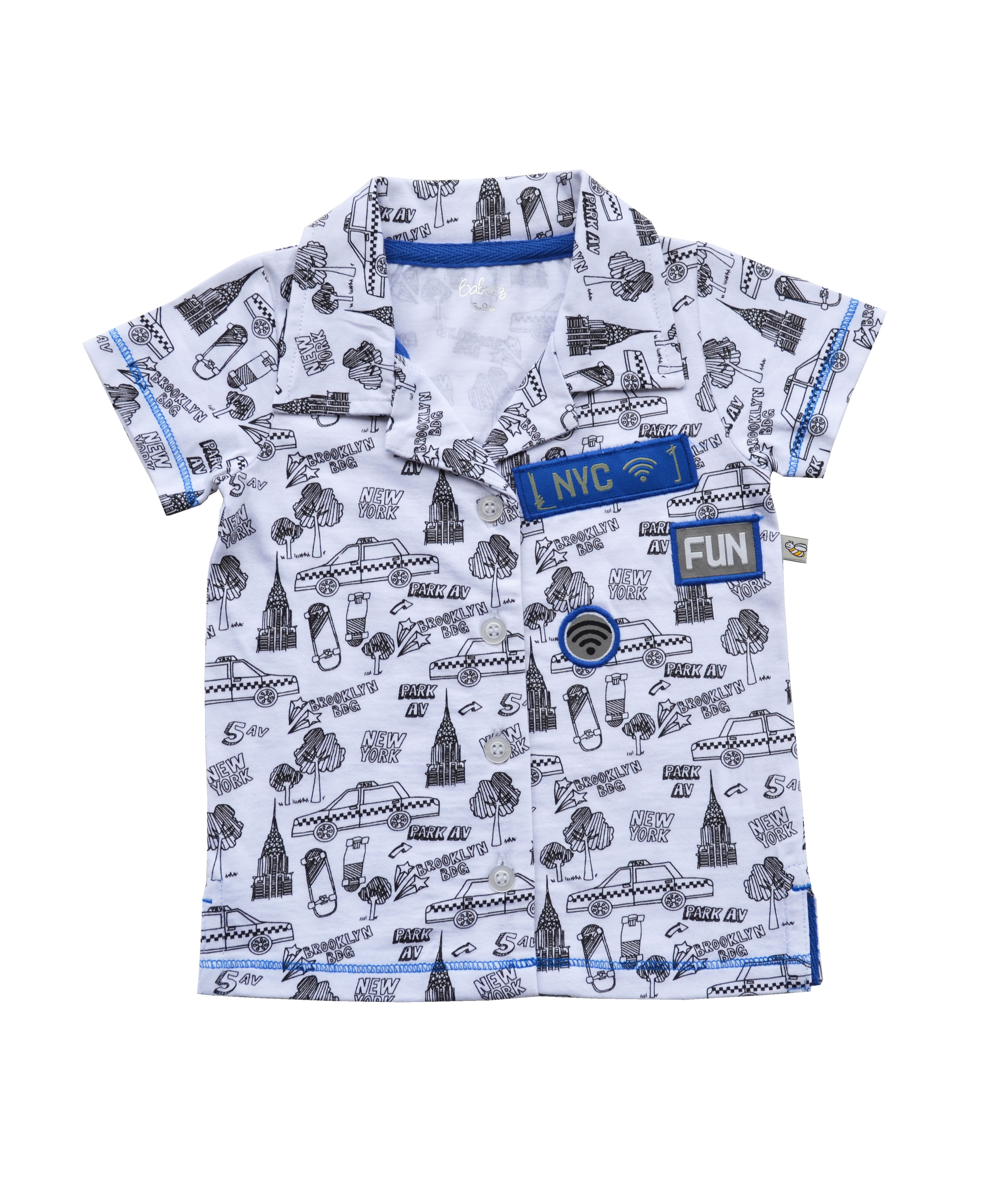 Allover New York Print on White Short Sleeves Collared Shirt (100% Cotton Single Jersey)