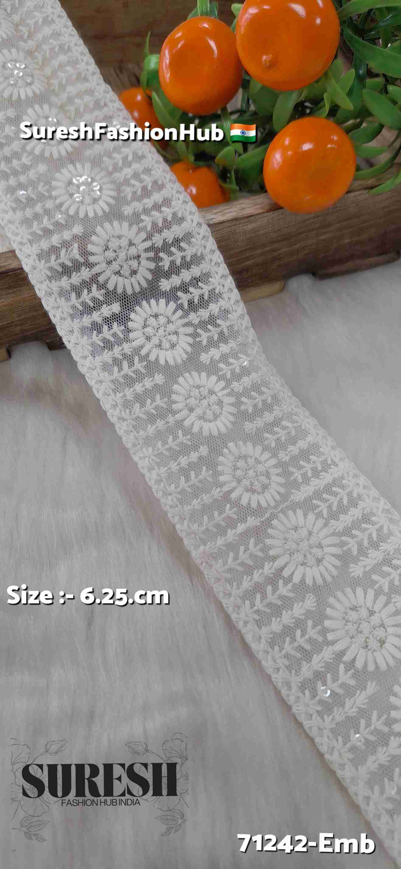 Off-White Floral Lakhnavi Sequin Border Lace – 71242-Emb