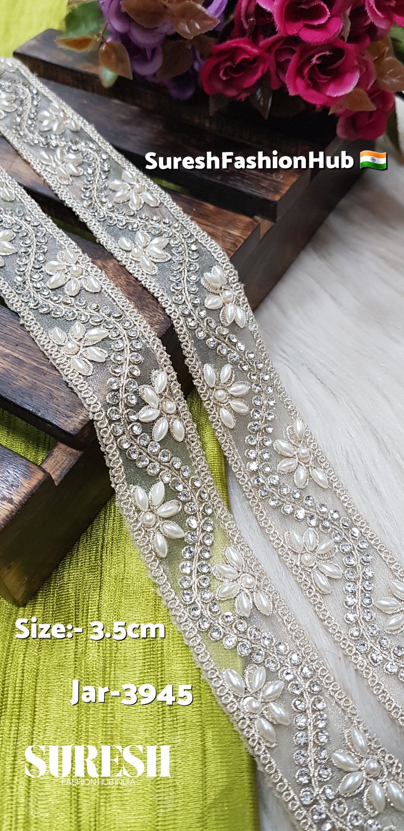 Jar-3945 – Oval Pearl Floral Cutwork Organza Lace