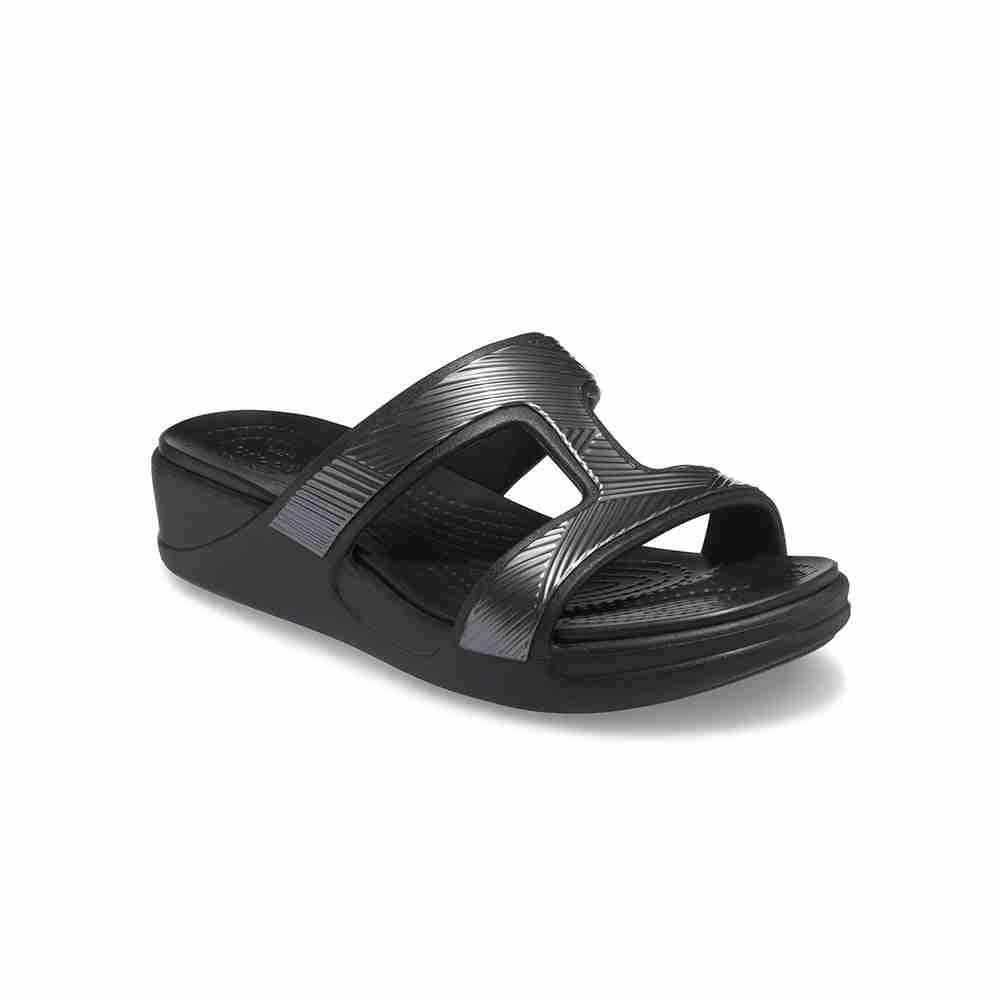 Crocs Ladies’ Monterey Metallic Slip-On Wedge in Black