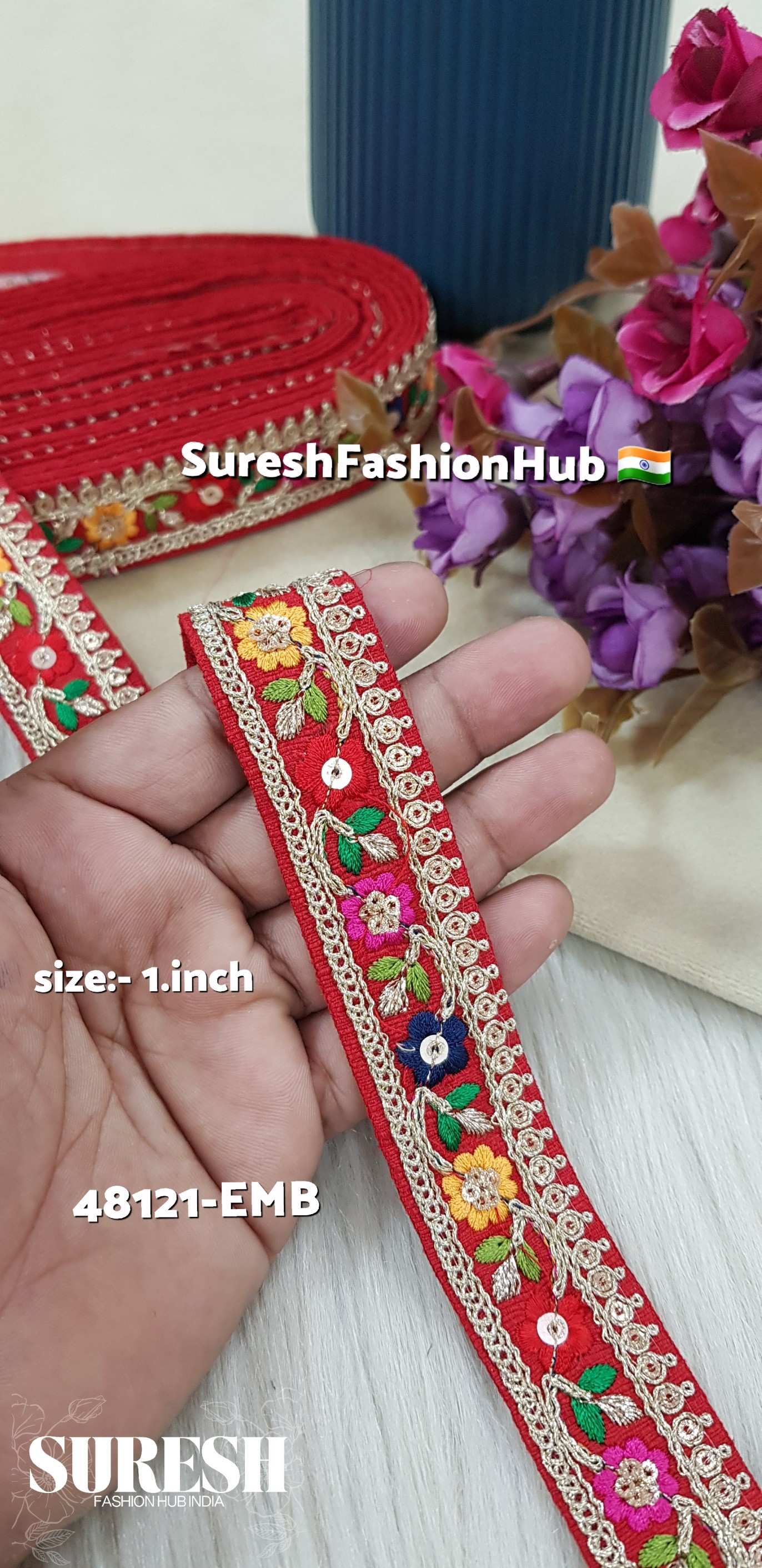 Sabyasachi Inspired Scarlet Red Mini Floral Lace – 48121-Emb*
