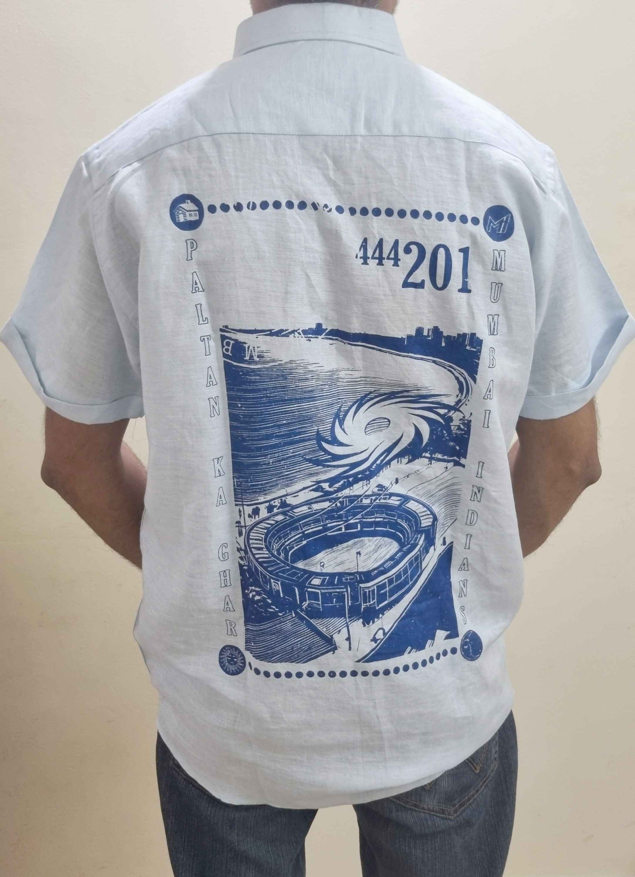 MI: Men Light Blue Back Printed Hemp Half Sleeves Shirt