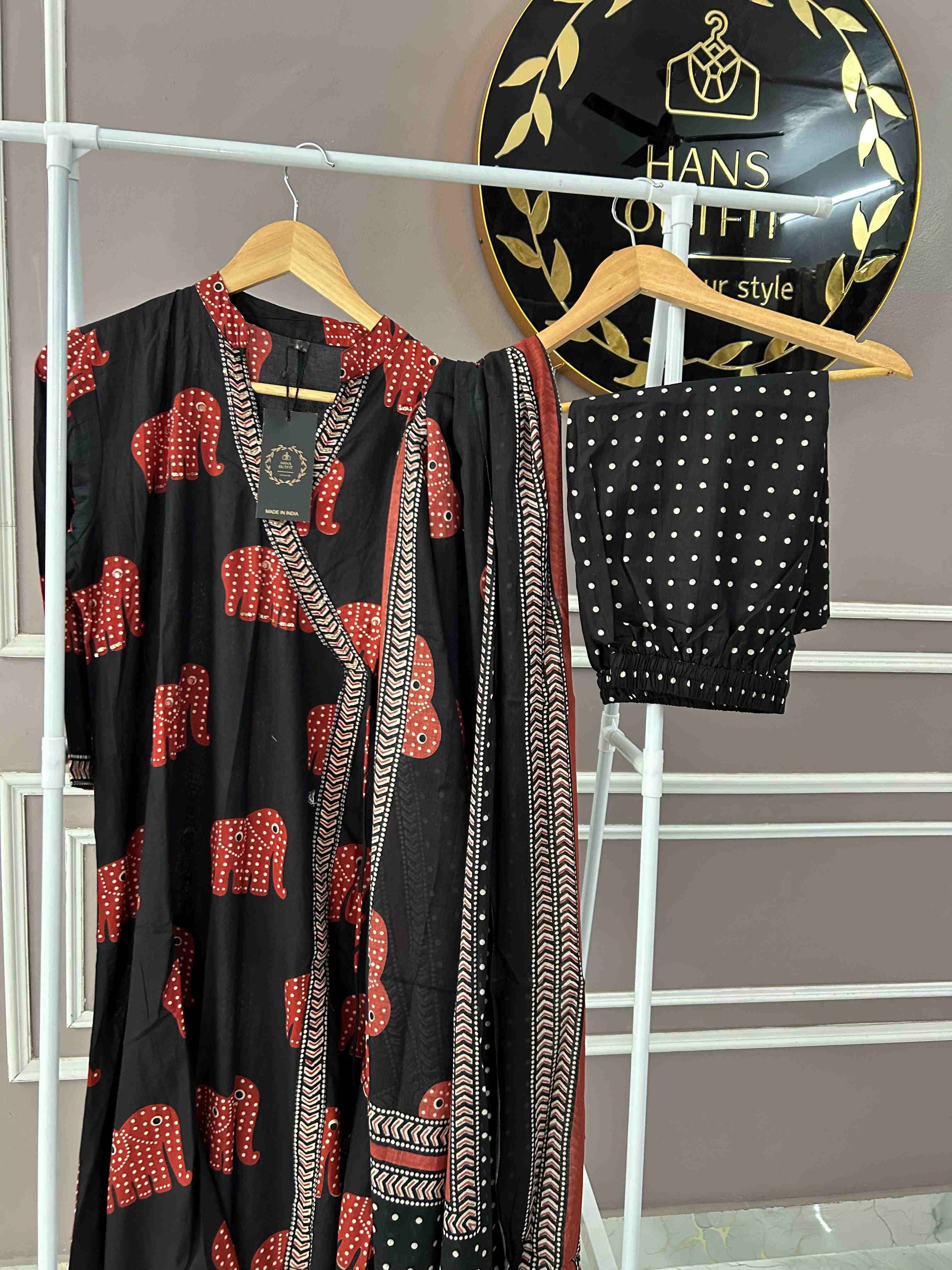 Rust cotton ethnic wear Anarkali sets with traditional print with printed dupatta