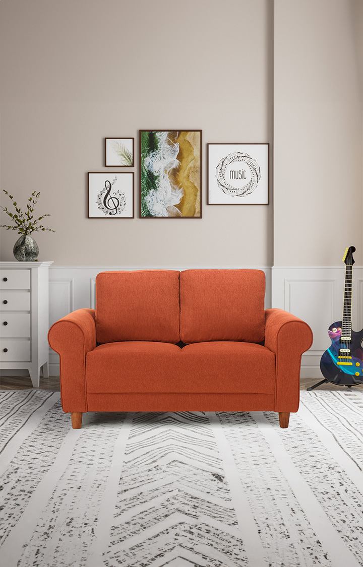 neudot Melody Sofa for Living Room |2 Persons Sofa|Premium Fabric with Padded Cushioned Armrest | Solid Wood Frame|2 Seater in Rusty Cider Orange Color