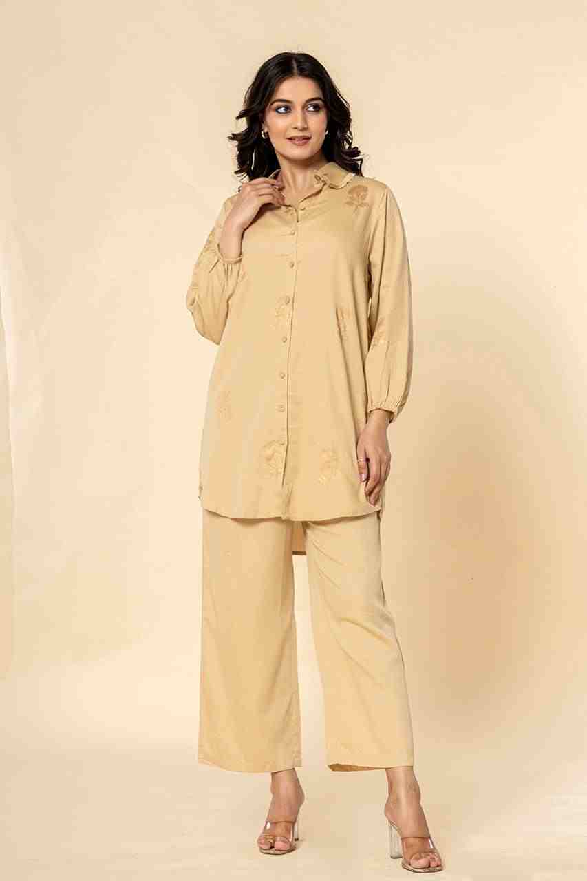 Naksh Beige Cotton Satin Co-ordinated Set With Gold Print (Set of 2)