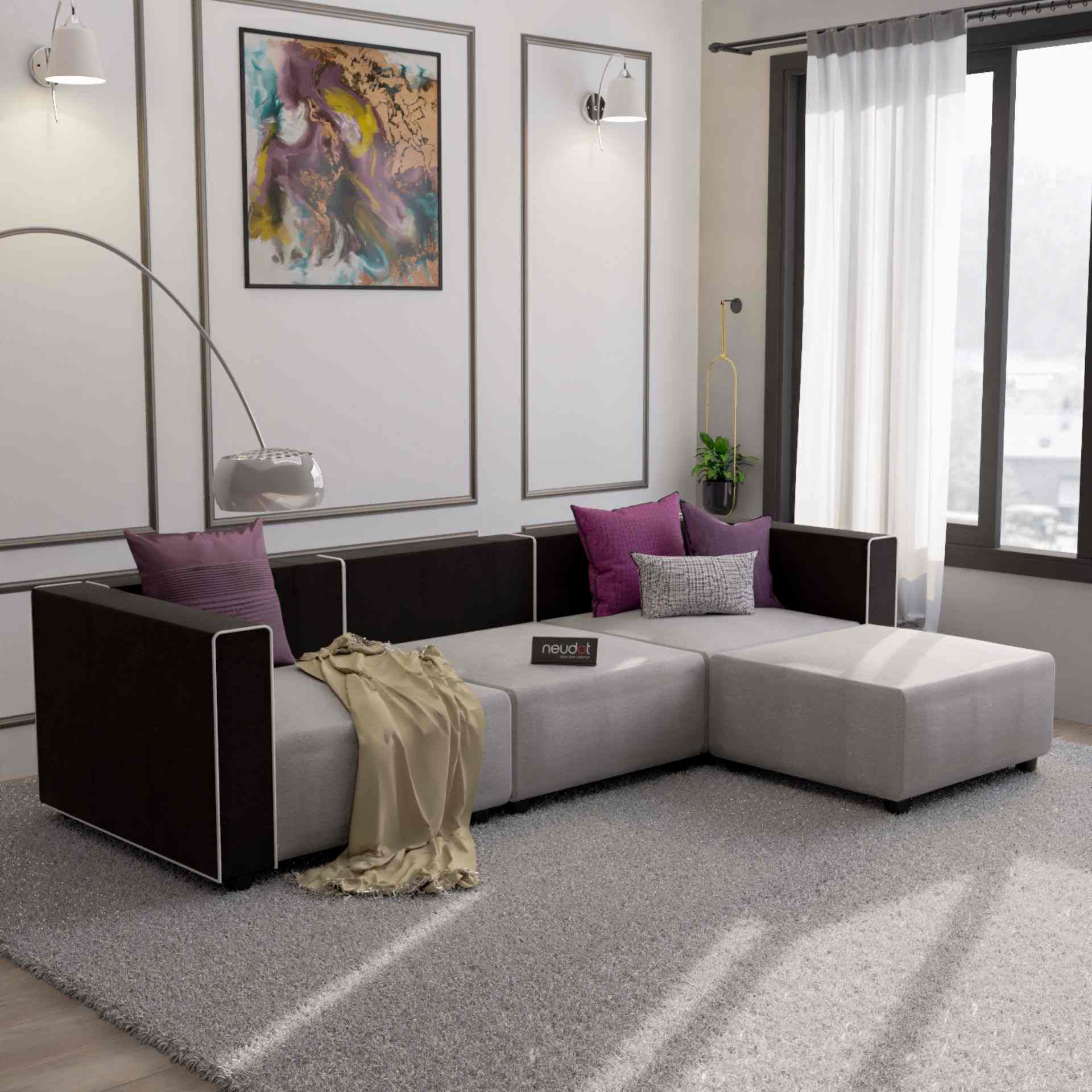 neudot Fabric Comfortable 3 Seater Sofa with Ottoman Finish Color for Living Room/Bedroom/Hall with Padded Cushioned Armrest - Grey & Dark Brown
