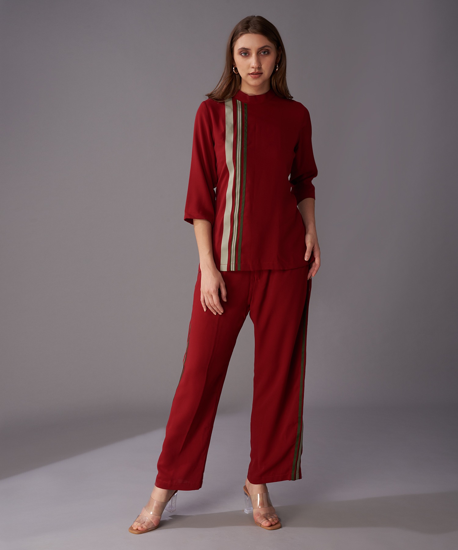 Carmine Maroon Striped Co-ord Set
