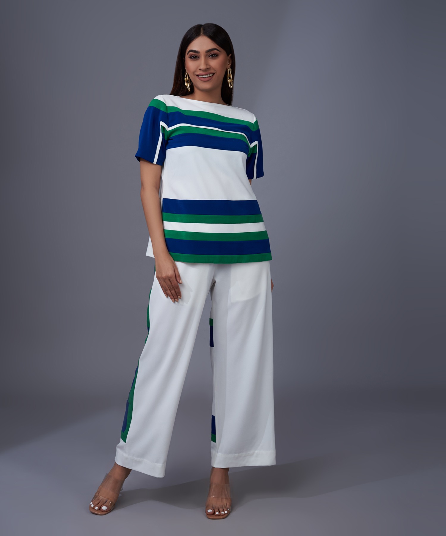 Scarlet Striped Co-ord Set with Flared Pants (White)