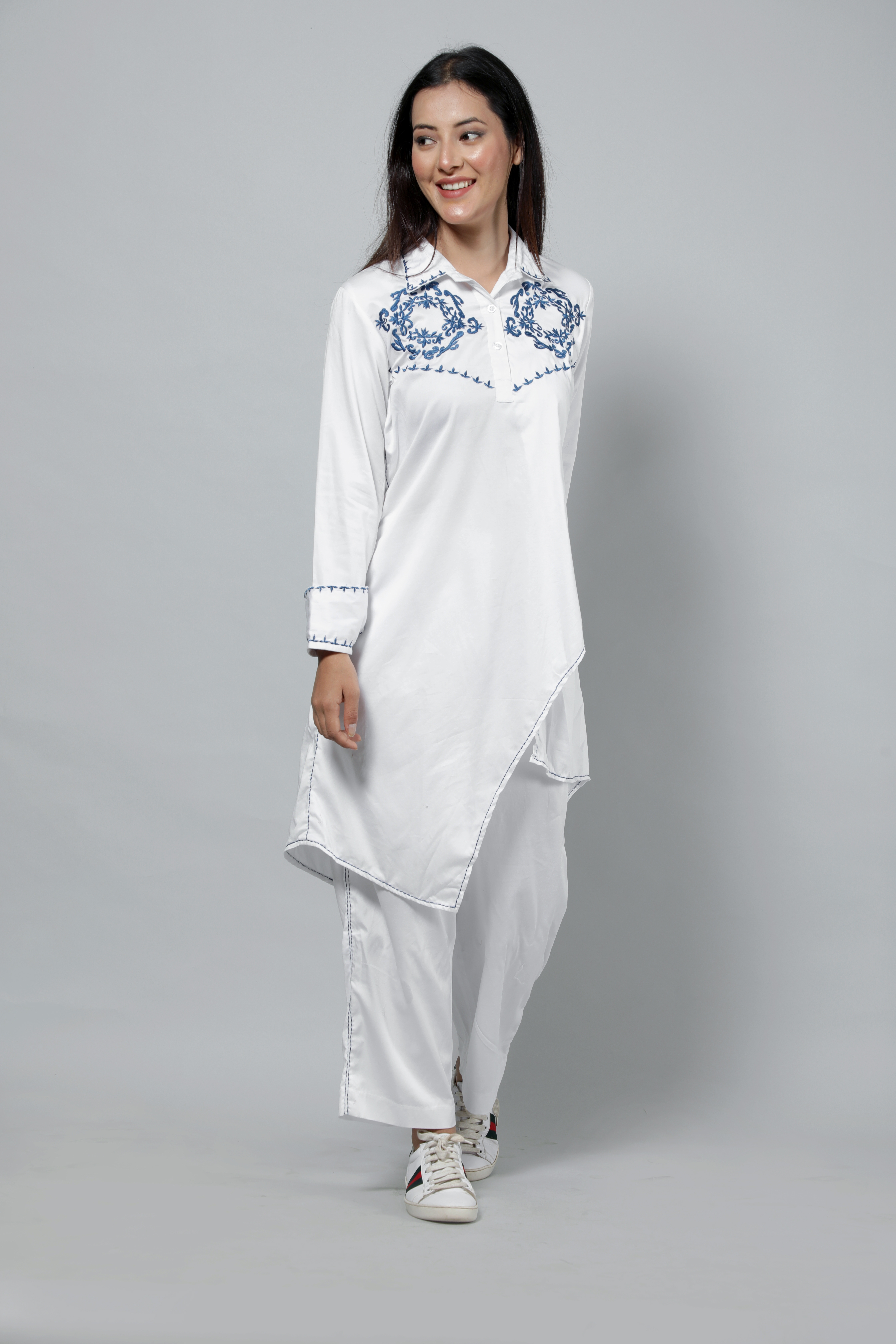 Rich Embroidered Collared Neck Co-ord Set (White)
