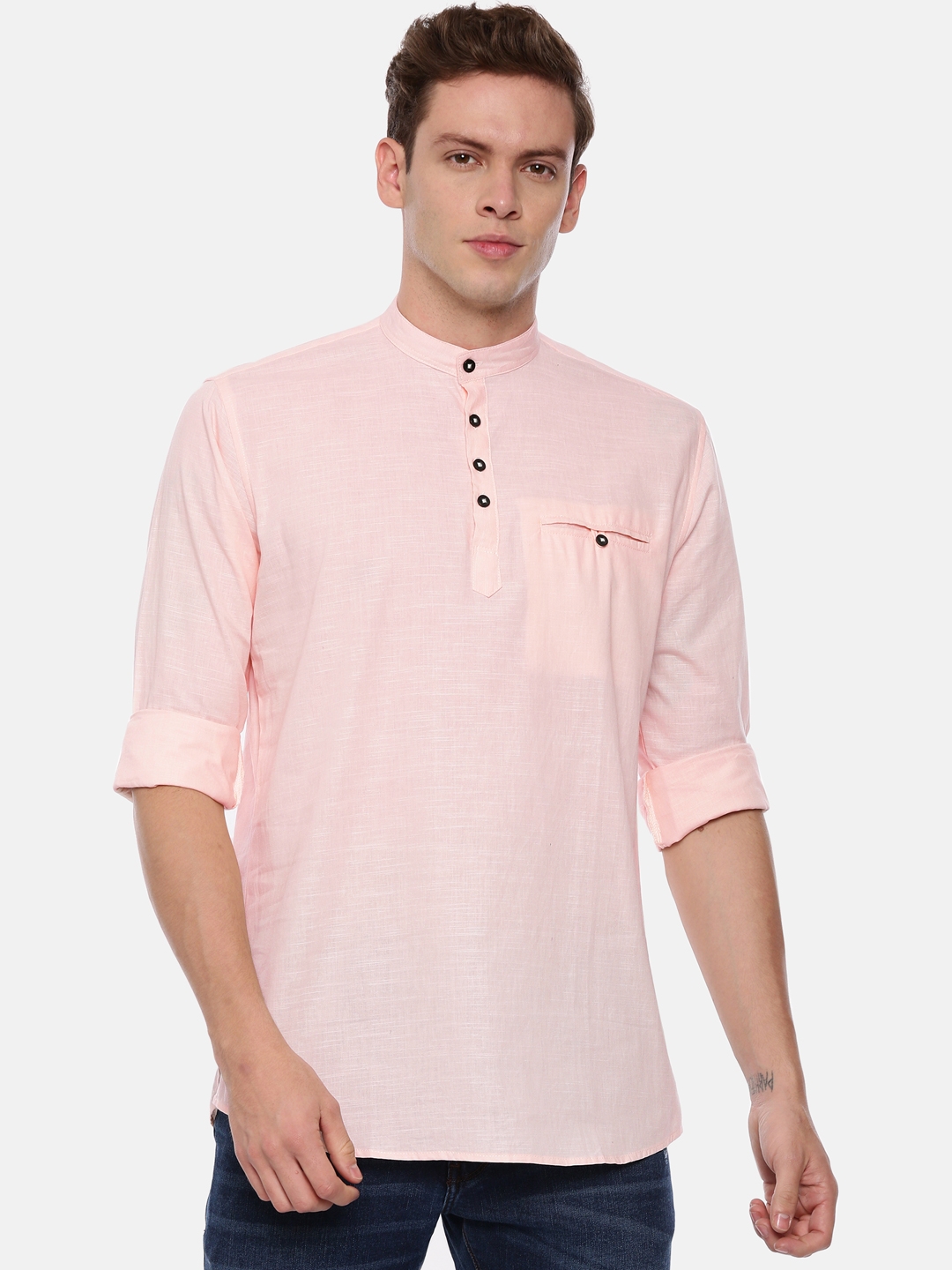 Roller Fashions Men's Cotton Solid Straight Pink Color Short Kurta
