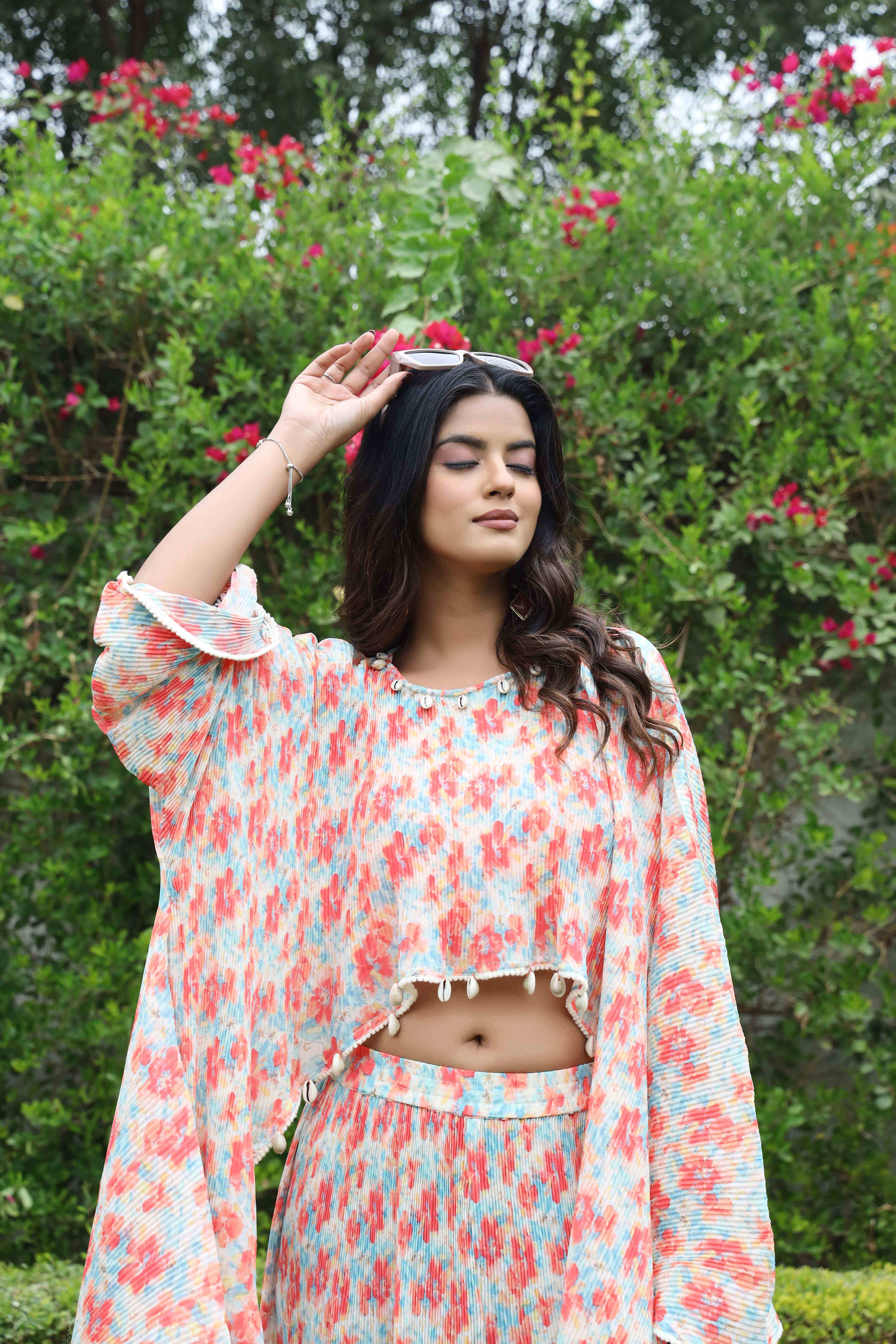 Women's Printed Embroidered kaftan top with sharara
