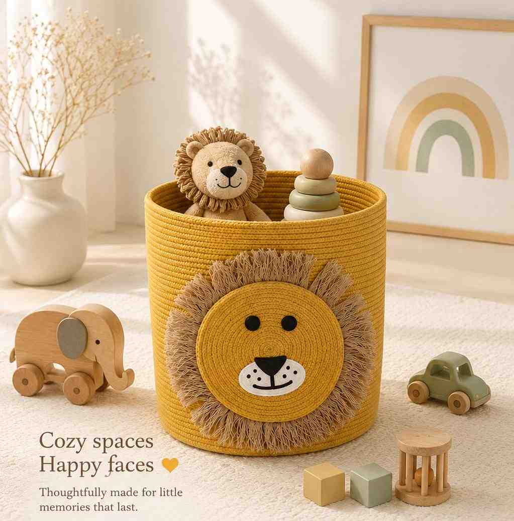 Cute Lion Kids Storage Basket Large Size – Handmade Cotton Rope Toy Organizer for Nursery, Playroom & Children's Room