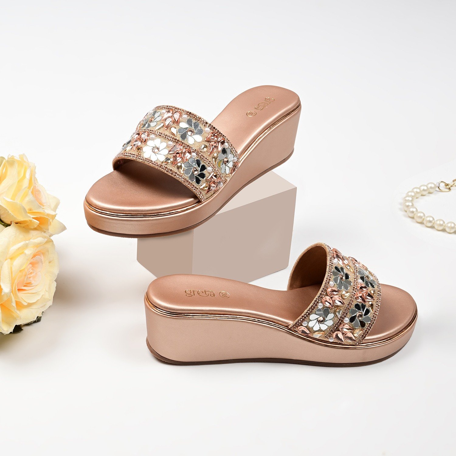 Rose Gold Embellished Wedge Slip-Ons
