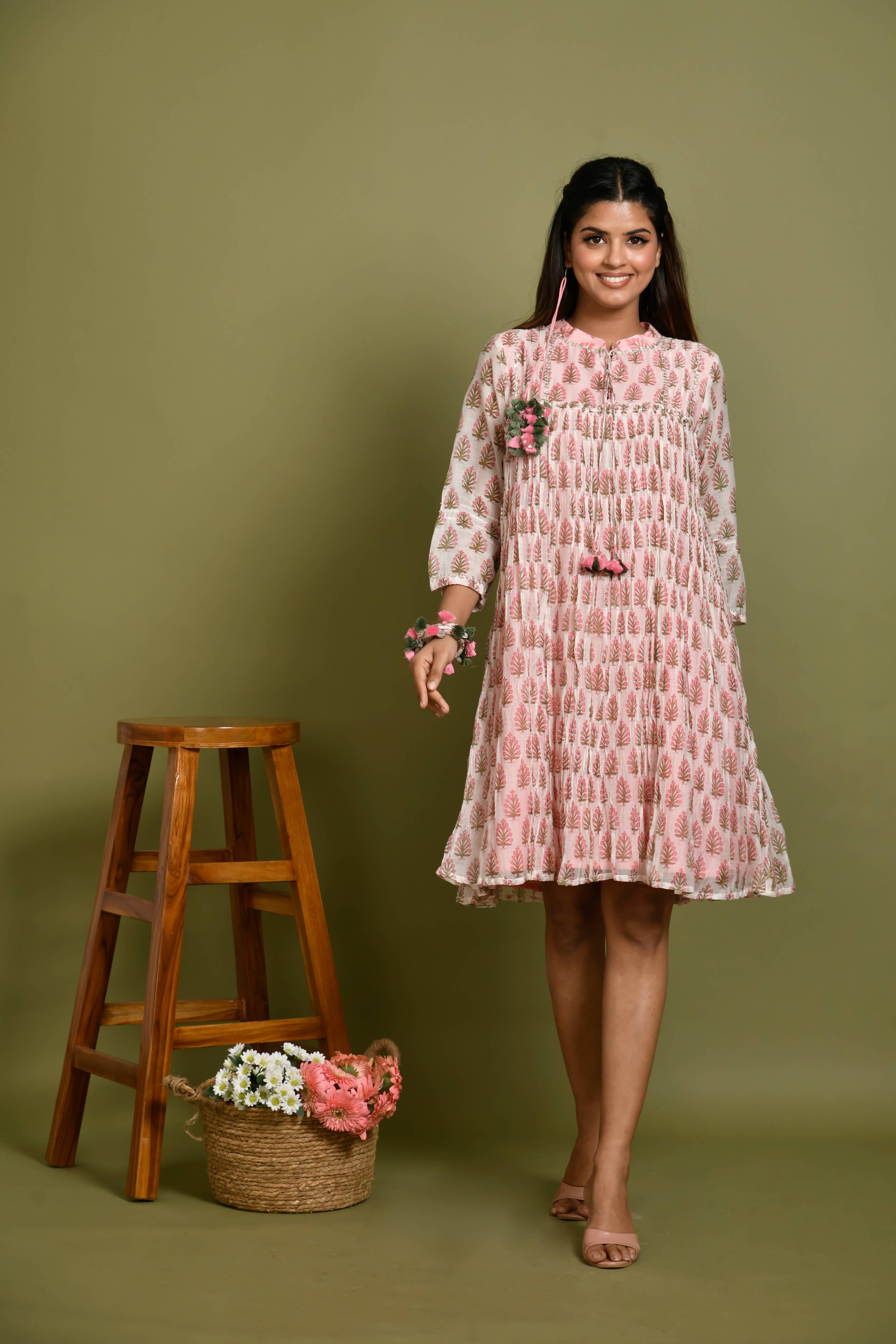 KAARAH BY KAAVYA | Block Printed Chanderi Short Dress undefined