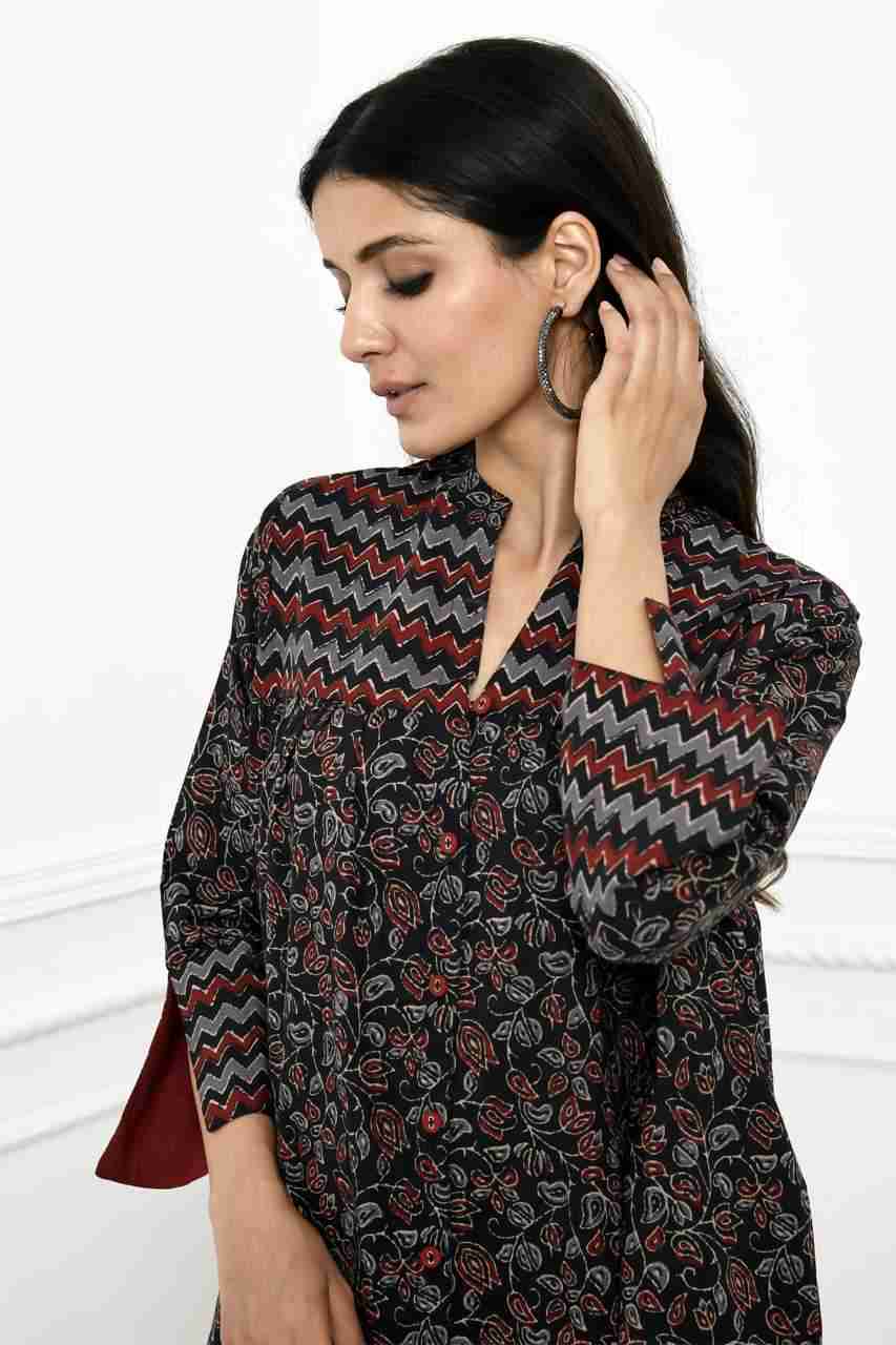 Naksh Black And Red Ajrakh Print Kurta With Zigzag Yoke