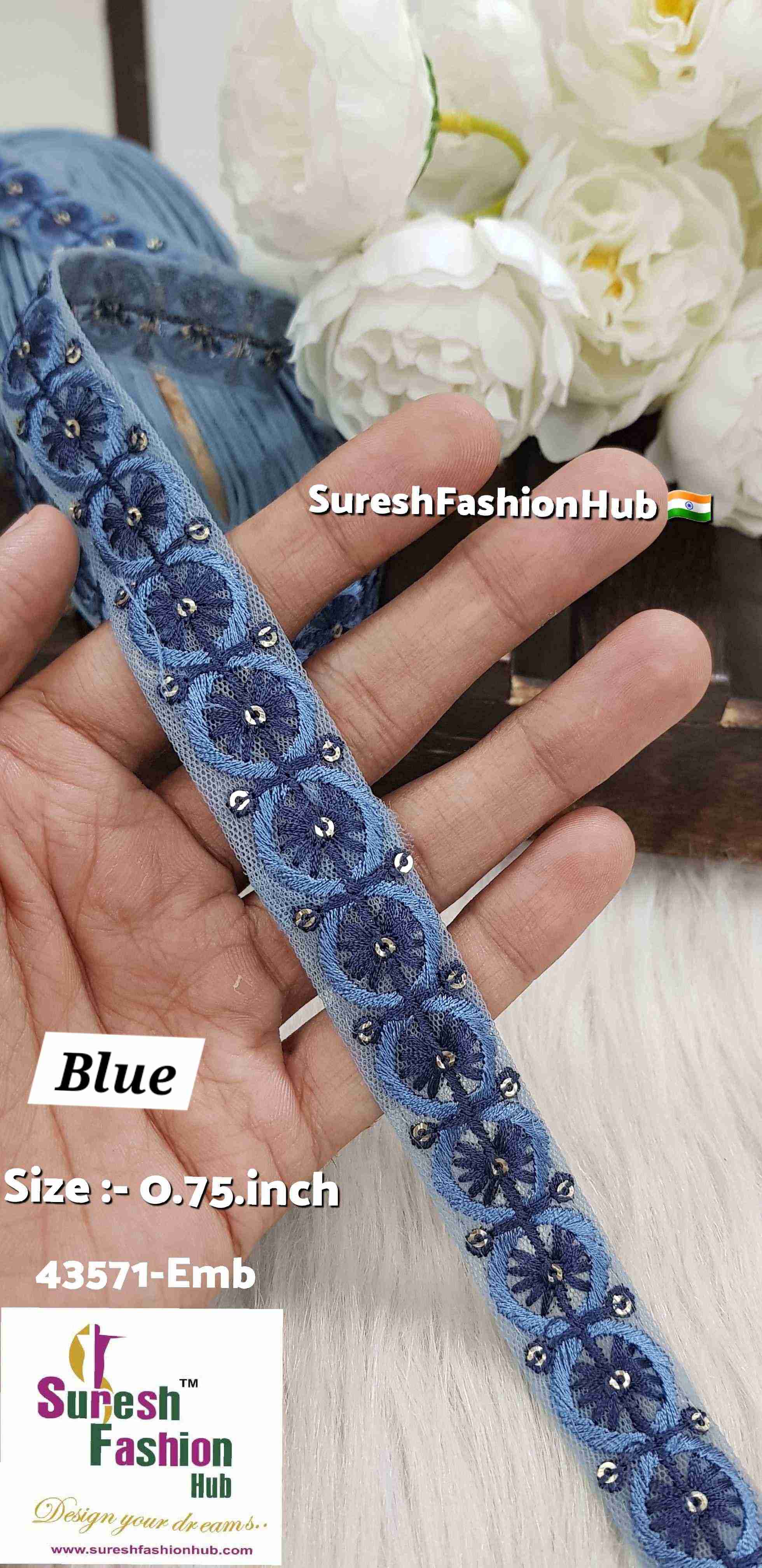 Blue Color Floral Circles Embroidery Lace