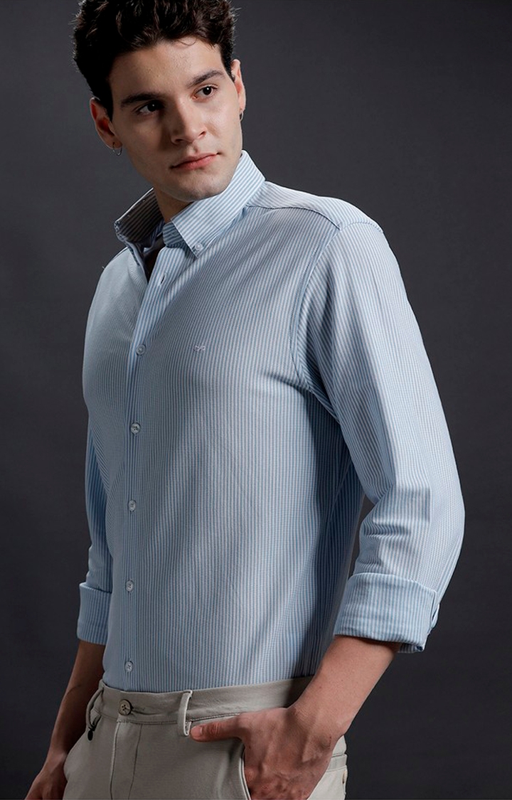Men's Blue Knit Striped Casual Shirt