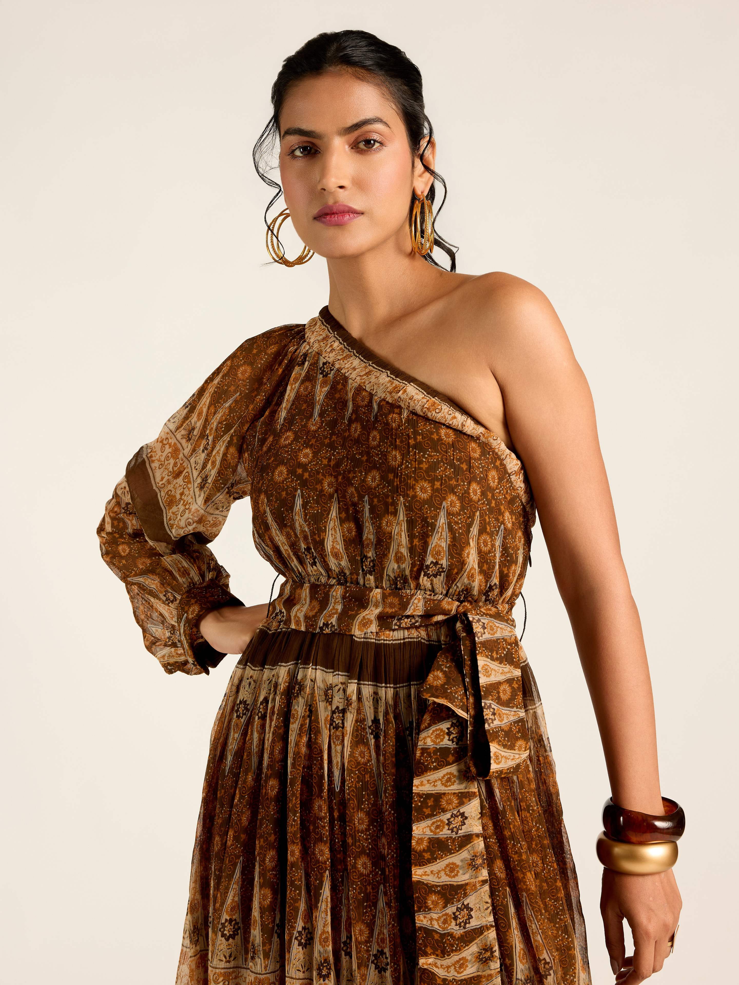 BROWN MARGO ONE SHOULDER LONG DRESS