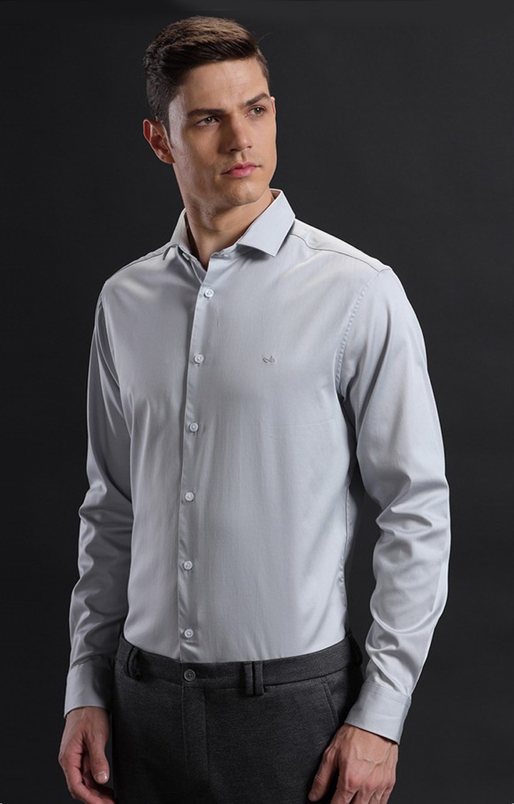 Men's Grey Satin Solid Formal Shirt