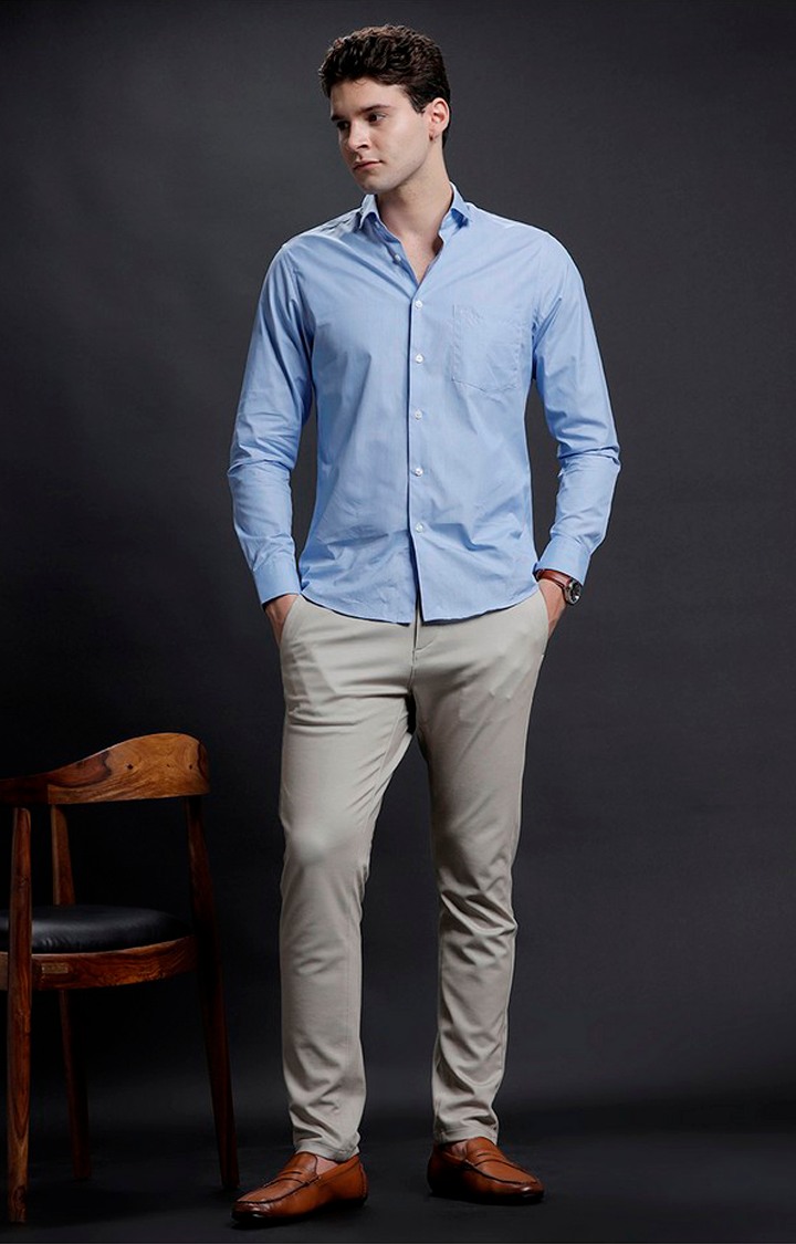 Men's Blue Cotton Solid Casual Shirt