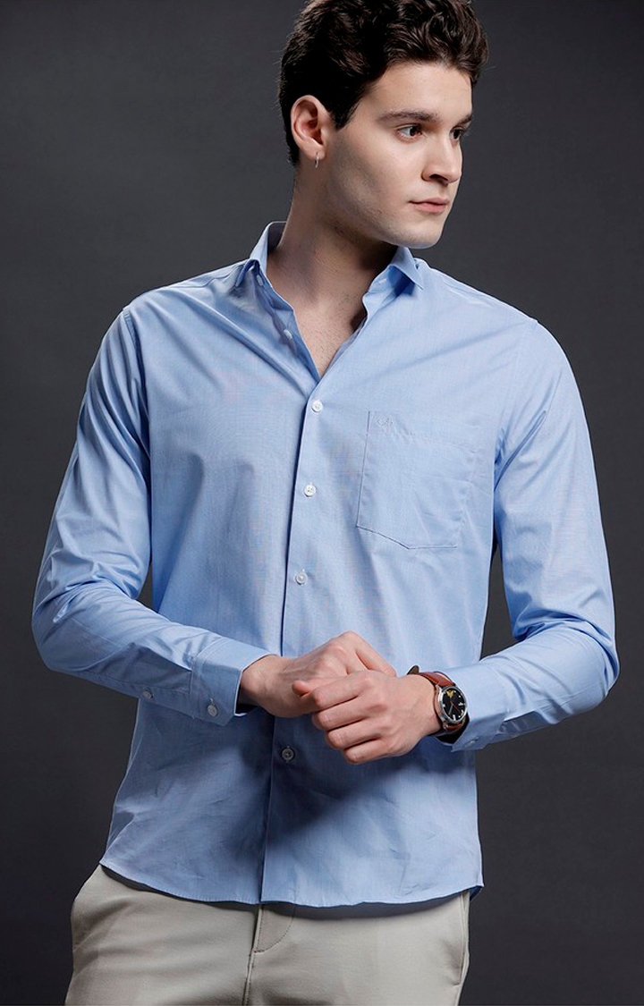 Aldeno | Men's Blue Cotton Solid Casual Shirt