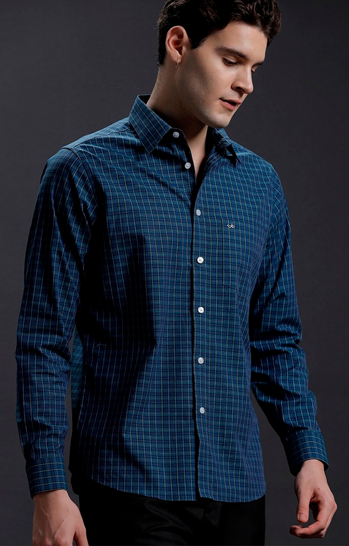 Aldeno | Men's Navy Cotton Checked Casual Shirt