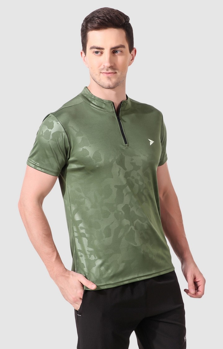 Fitinc | Men's Olive Green Polyester Printed Activewear T-Shirt 0