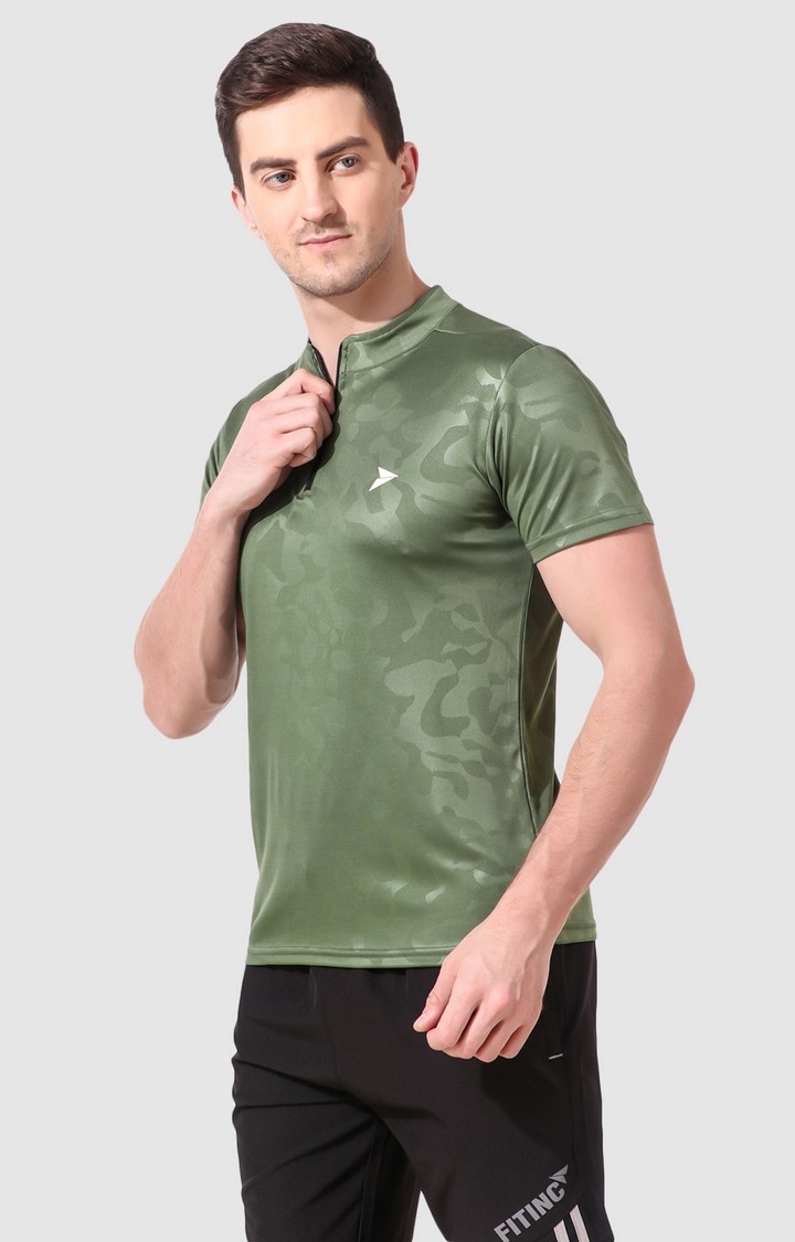 Fitinc | Men's Olive Green Polyester Printed Activewear T-Shirt 1