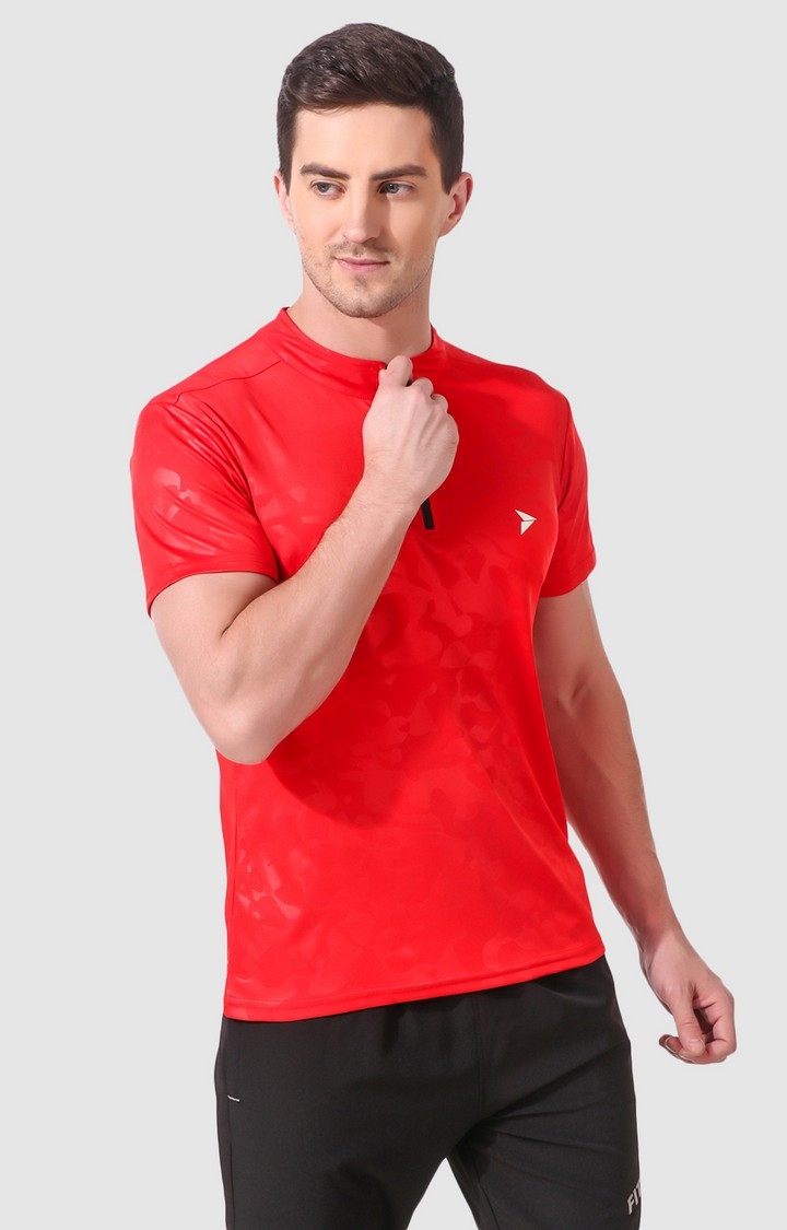 Fitinc | Men's Red Polyester Printed Activewear T-Shirt