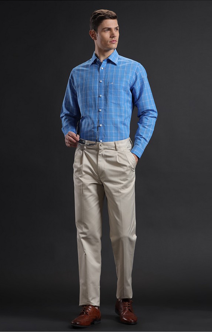 Men's Blue Linen Blend Checked Formal Shirt
