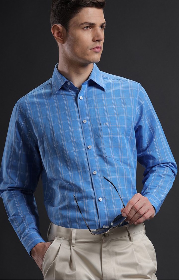 Aldeno | Men's Blue Linen Blend Checked Formal Shirt