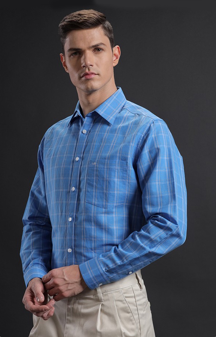 Men's Blue Linen Blend Checked Formal Shirt
