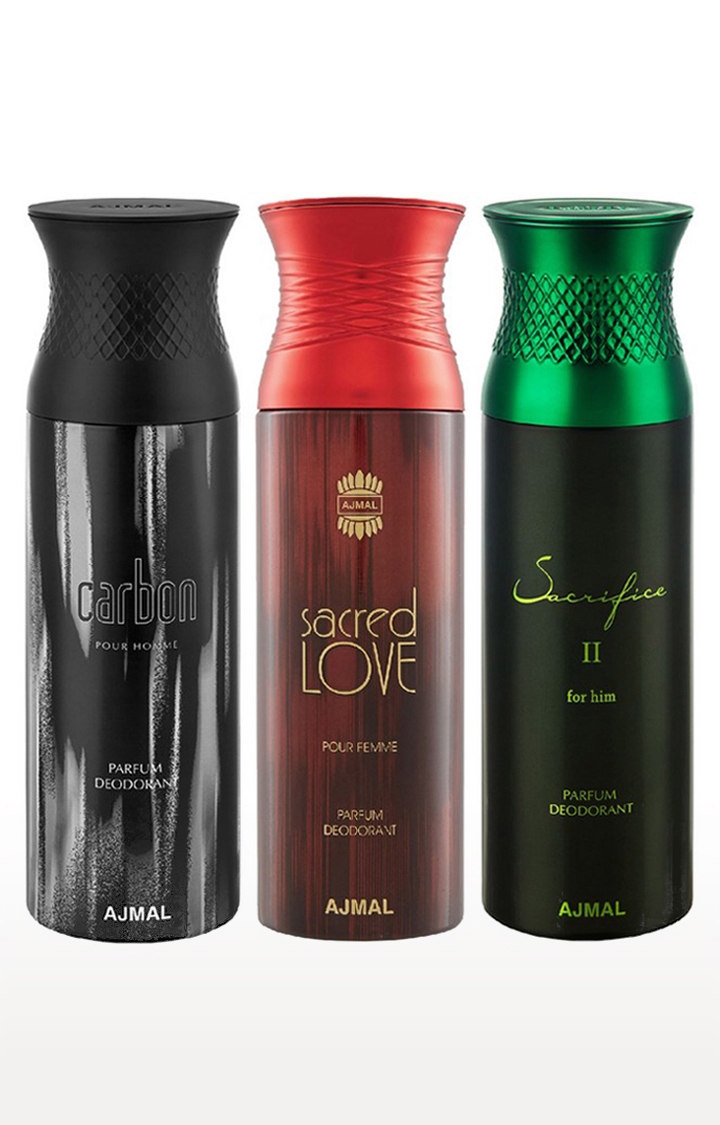 Ajmal | Ajmal Carbon & SacredLove & Sacrifice II Deodorant Spray - For Men & Women (200 ml, Pack of 3)  0