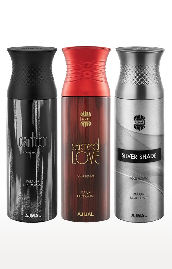 Ajmal Carbon & SacredLove & SilverShade Deodorant Spray - For Men & Women (200 ml, Pack of 3) 